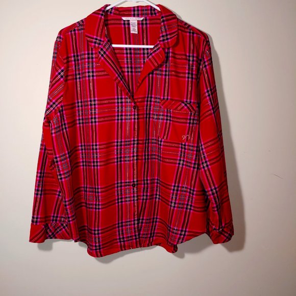 Victoria‘s Secret Red Plaid Long Sleeve Embroidered Pajama Shirt Size L - Picture 1 of 5